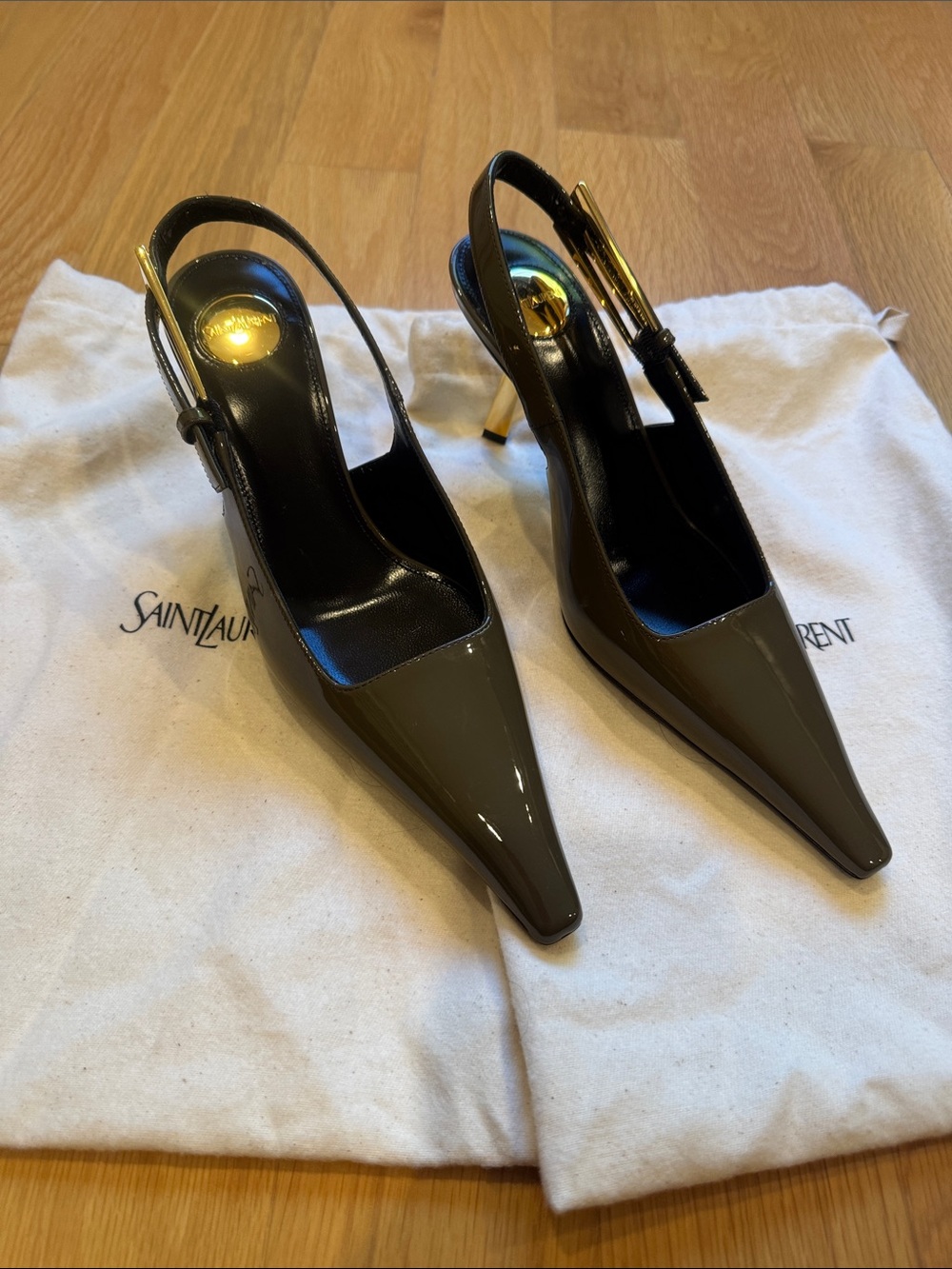 Saint Laurent Olive Patent Slingback Pumps with Gold Heel